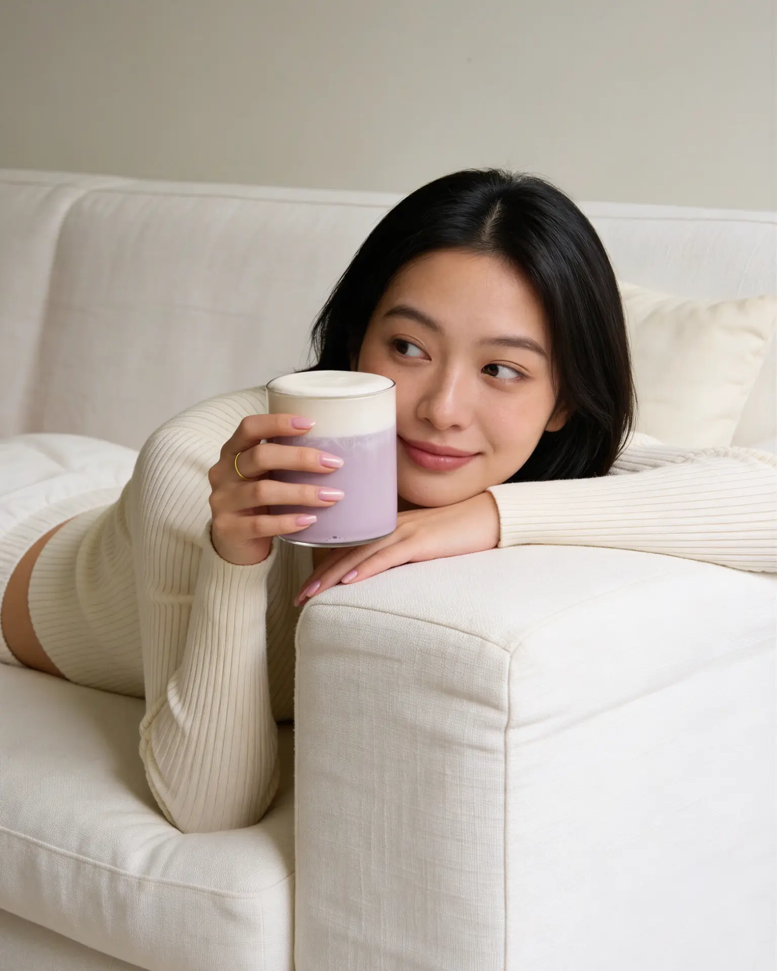 Gezellig Ube Latte moment met Ube Nolia op de bank