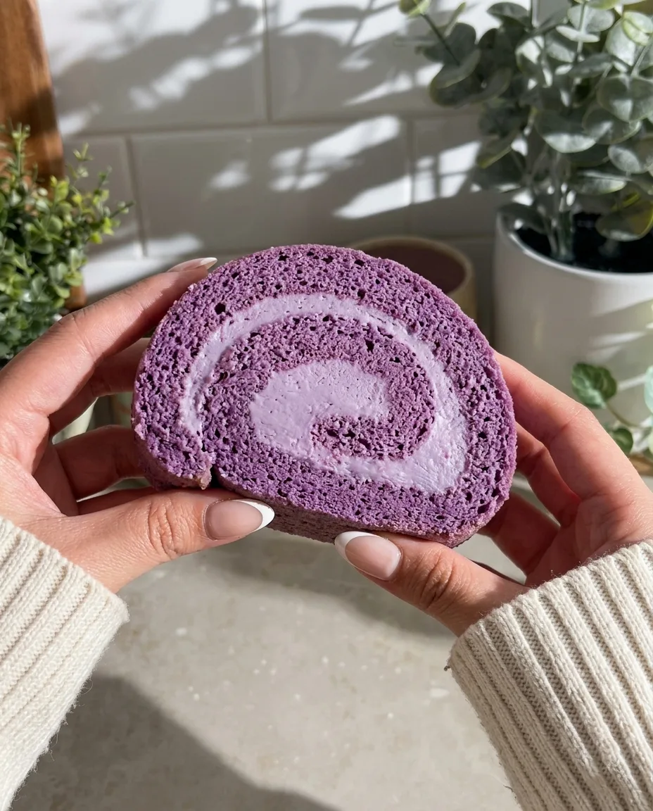 Ube flan cake met leche flan bovenlaag en paarse ube botercrème, gemaakt met Ube Nolia ube poeder